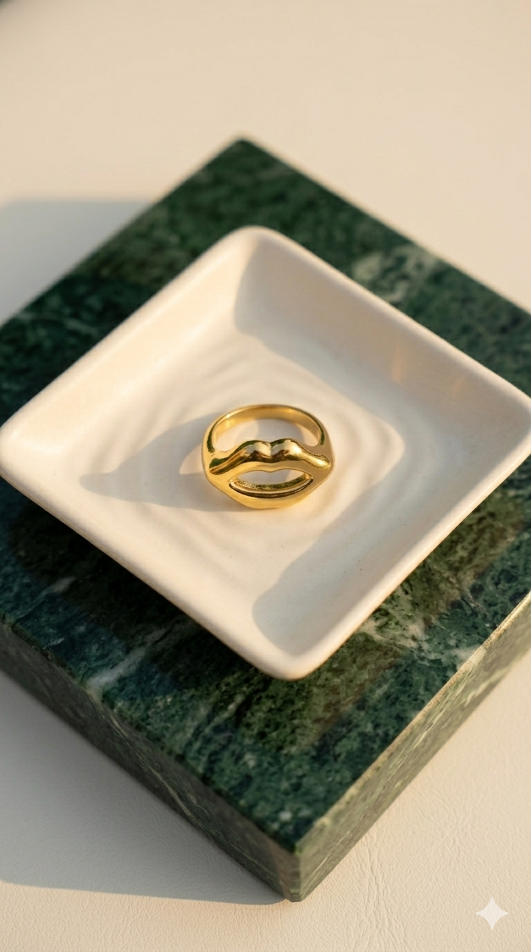 18K Gold Plated Chunky Open-Cut Lips Statement Ring