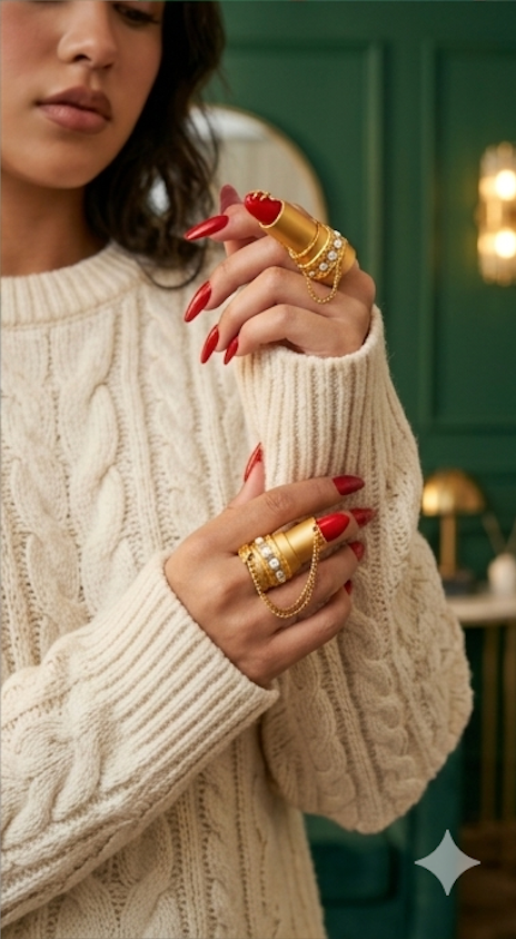 Vamp Novelty Lipstick Full Finger Armor Ring in Gold
