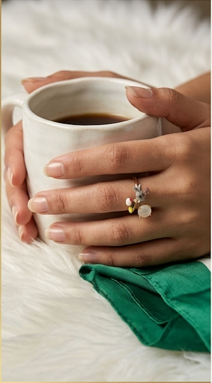 Handcrafted Enamel Bunny Rabbit Open Ring with Moonstone Crystal Accent