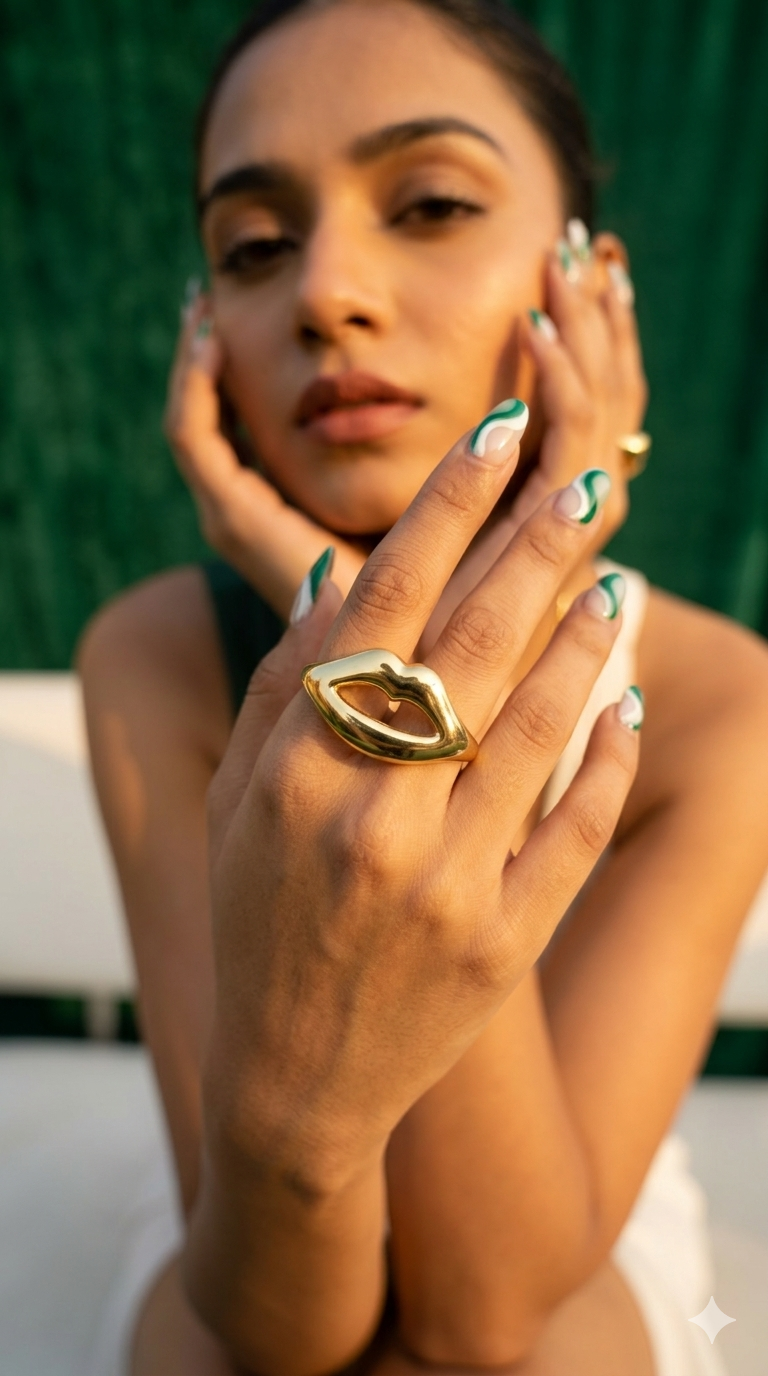 18K Gold Plated Chunky Open-Cut Lips Statement Ring