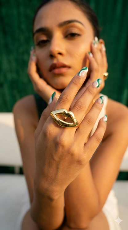 18K Gold Plated Chunky Open-Cut Lips Statement Ring