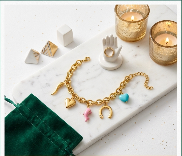 18K Gold Plated Multi-Charm Link Bracelet