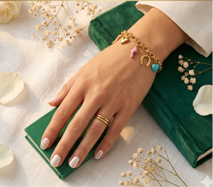 18K Gold Plated Multi-Charm Link Bracelet