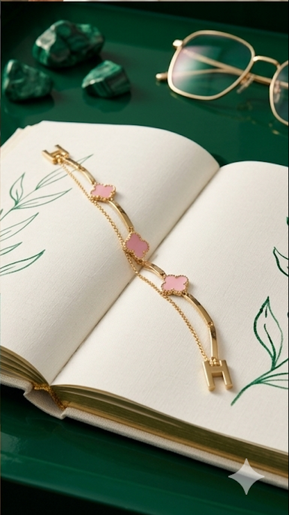 18K Gold-Plated Pink Clover Charm Layered Bracelet