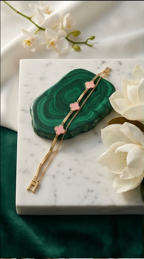 18K Gold-Plated Pink Clover Charm Layered Bracelet