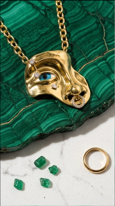18K Gold Platted Surrealist Face Mask Pendant Necklace