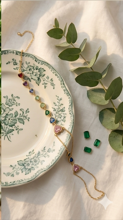 Sweetheart Pastel Multi-Stone Hand Chain in 18K Gold Plated