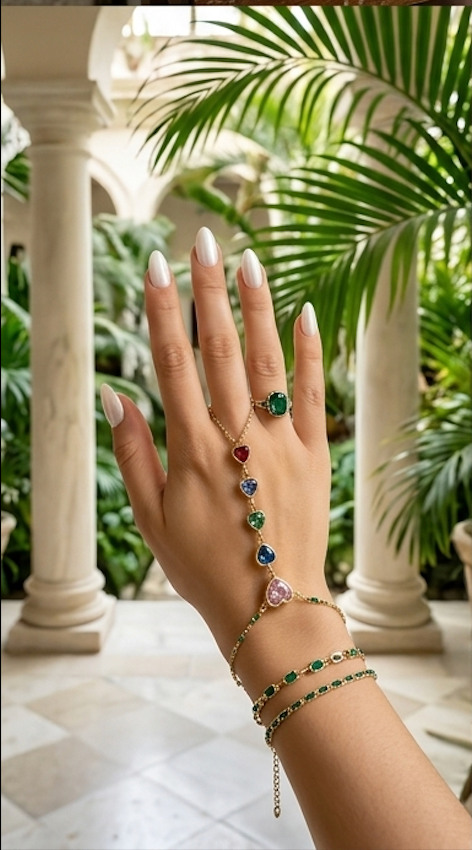 Sweetheart Pastel Multi-Stone Hand Chain in 18K Gold Plated