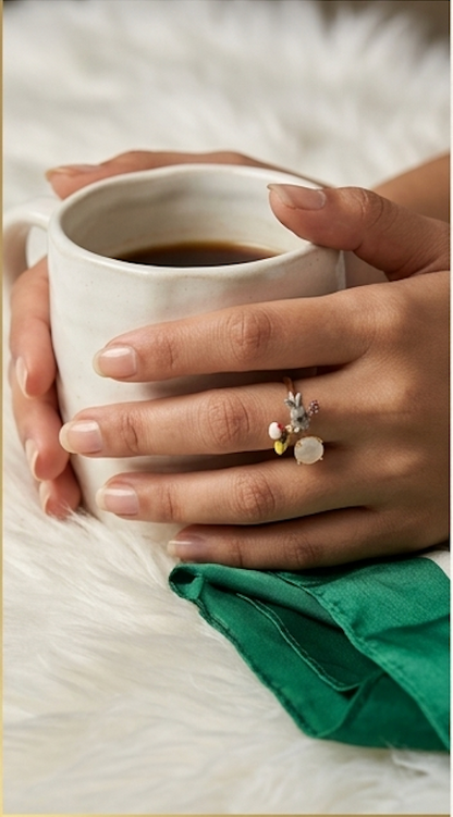 Handcrafted Enamel Bunny Rabbit Open Ring with Moonstone Crystal Accent