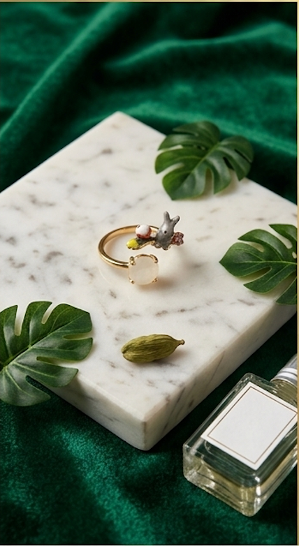 Handcrafted Enamel Bunny Rabbit Open Ring with Moonstone Crystal Accent
