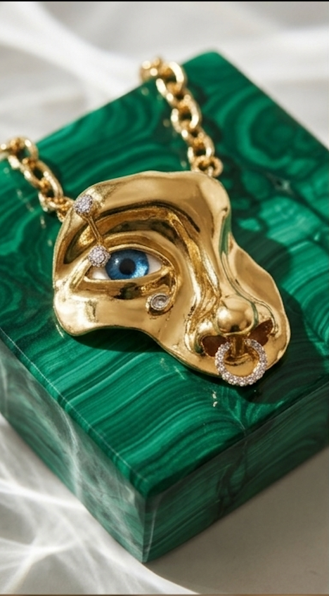 18K Gold Platted Surrealist Face Mask Pendant Necklace